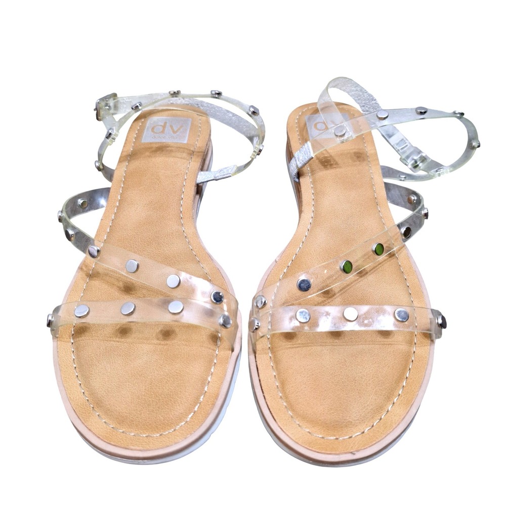 Dolce‎ Vita Womens 8.5 Febia Clear Studded Strappy Cork Wedge Sandals Tan Silver